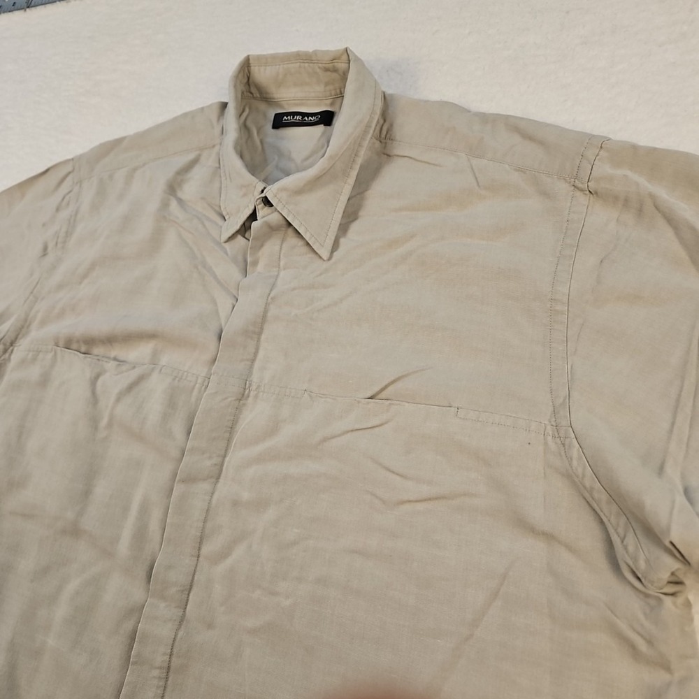 Murano Mens Short Sleeve Shirt XL Khaki Sand Dual Pockets Linen Blend